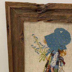 Vintage Holly Hobby Crewel Embroidered Recycled Wood Frame Signed By Artist